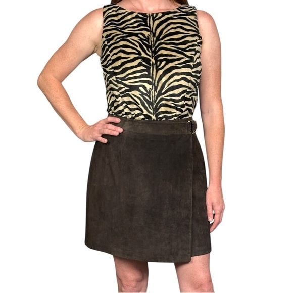 Vintage Dresses & Skirts - VINTAGE 90s ANN TAYLOR SUEDE LEATHER CHOCOLATE BROWN WRAP MINI SKIRT